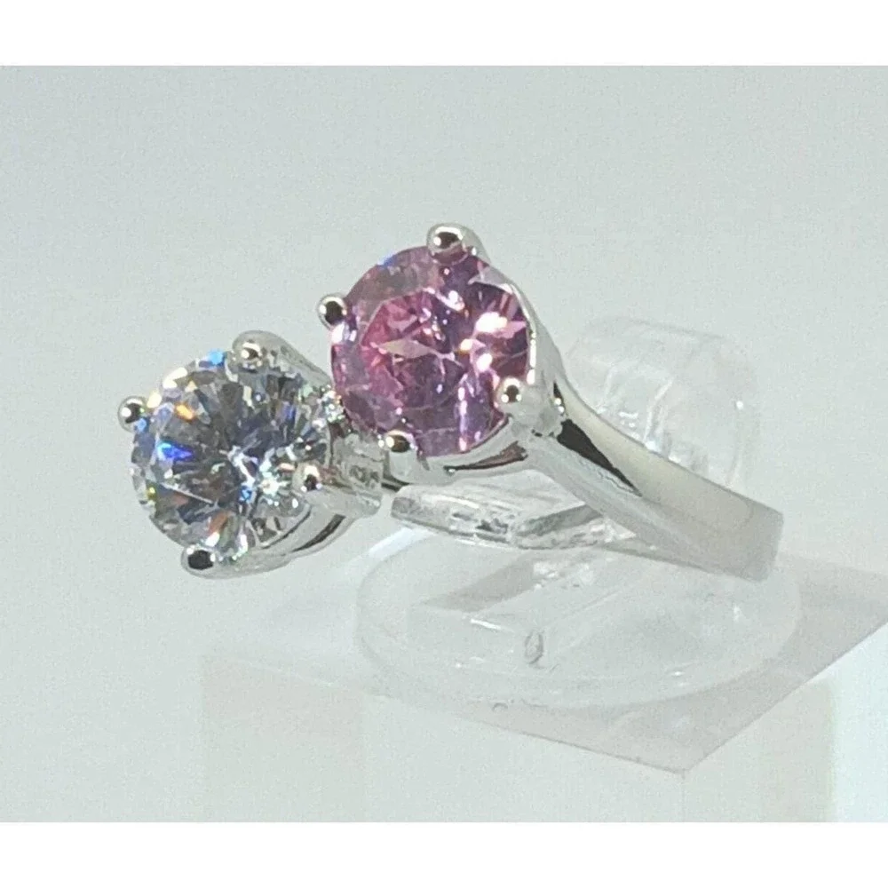 Vintage Toi et Moi 2.0ct Pink and Clear Round Cut Bypass Ring Silver Tone Size 9